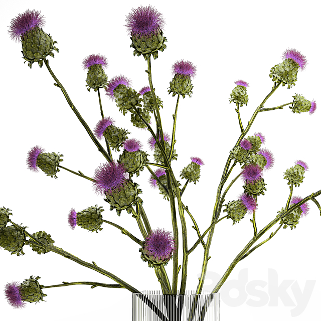 A beautiful green lush bouquet of stabilized dried flowers in a modern glass vase with branches of thorns thistle. Set 295. 3ds Max - thumbnail 3