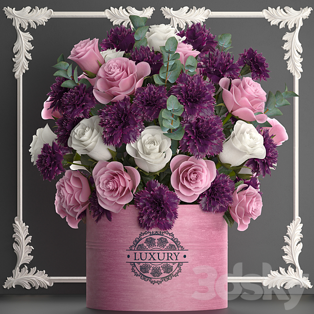 A beautiful lush modern bouquet of pink flowers in a luxury vase with a molded frame carnation roses eucalyptus branch. Set 93. 3ds Max - thumbnail 1