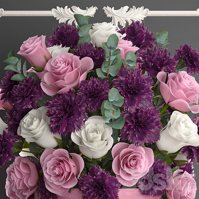 A beautiful lush modern bouquet of pink flowers in a luxury vase with a molded frame carnation roses eucalyptus branch. Set 93. 3ds Max - thumbnail 2