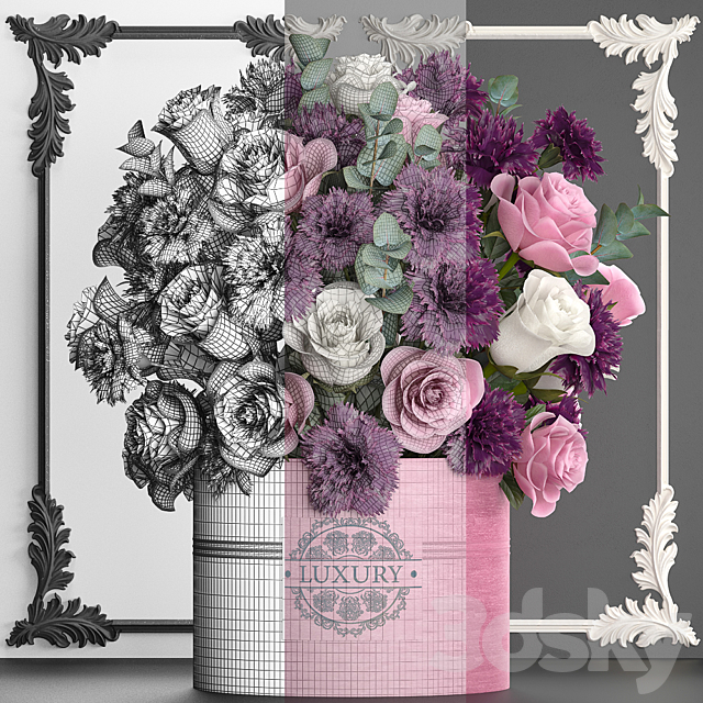 A beautiful lush modern bouquet of pink flowers in a luxury vase with a molded frame carnation roses eucalyptus branch. Set 93. 3ds Max - thumbnail 3