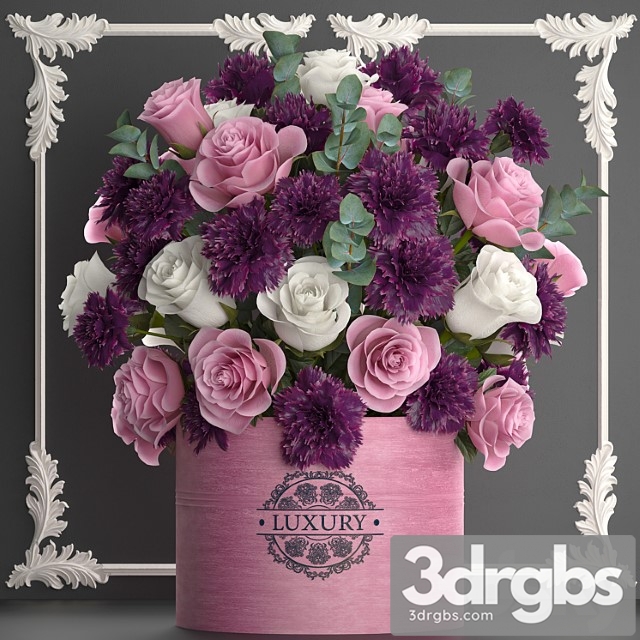 A beautiful lush modern bouquet of pink flowers in a luxury vase with a molded frame carnation roses eucalyptus branch set 93 3dsmax Download - thumbnail 1