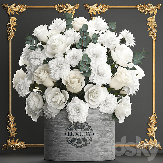 A beautiful lush modern bouquet of white flowers in a luxury vase with a molded frame carnation roses eucalyptus branch. Set 92. 3ds Max - thumbnail 1