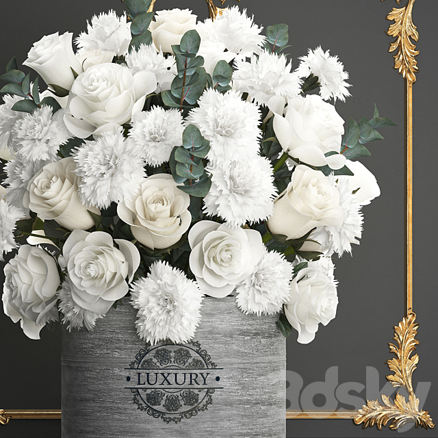 A beautiful lush modern bouquet of white flowers in a luxury vase with a molded frame carnation roses eucalyptus branch. Set 92. 3ds Max - thumbnail 2