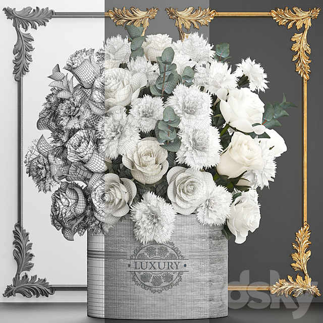 A beautiful lush modern bouquet of white flowers in a luxury vase with a molded frame carnation roses eucalyptus branch. Set 92. 3ds Max - thumbnail 3