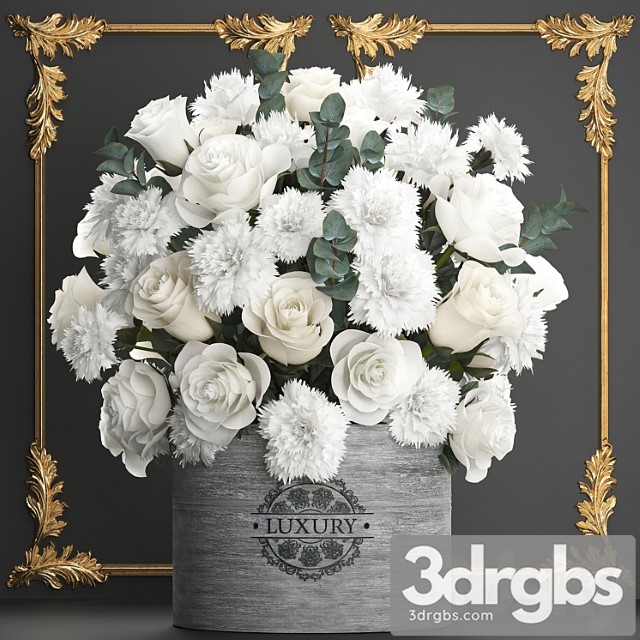 A beautiful lush modern bouquet of white flowers in a luxury vase with a molded frame carnation roses eucalyptus branch set 92. 3dsmax Download - thumbnail 1