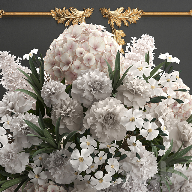 A beautiful lush modern bouquet of white flowers in a luxury vase with a molded frame hydrangea lilac peonies oleander gold. Set 91. 3DS Max Model - thumbnail 2