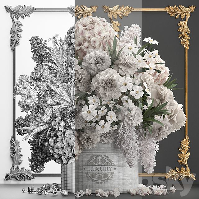 A beautiful lush modern bouquet of white flowers in a luxury vase with a molded frame hydrangea lilac peonies oleander gold. Set 91. 3DS Max Model - thumbnail 3