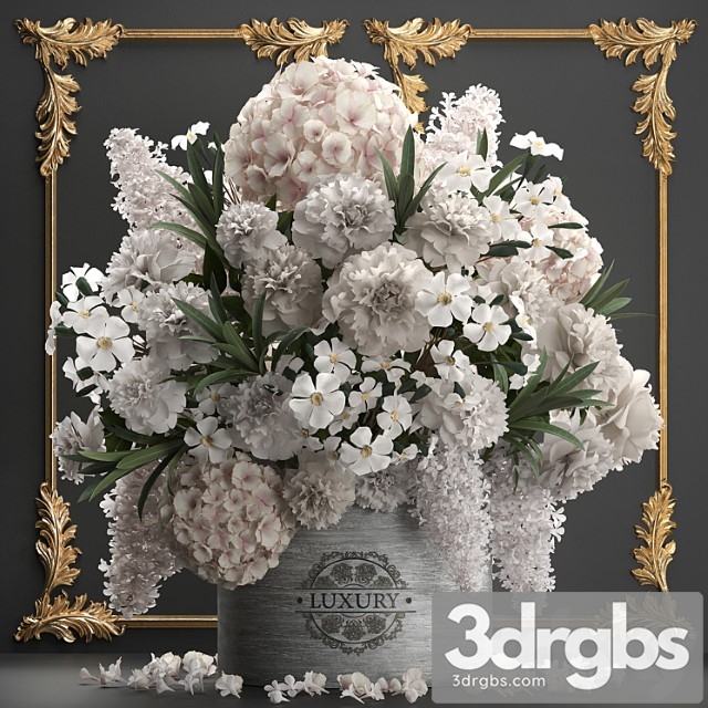 A beautiful lush modern bouquet of white flowers in a luxury vase with a molded frame hydrangea lilac peonies oleander gold set 91 3dsmax Download - thumbnail 1