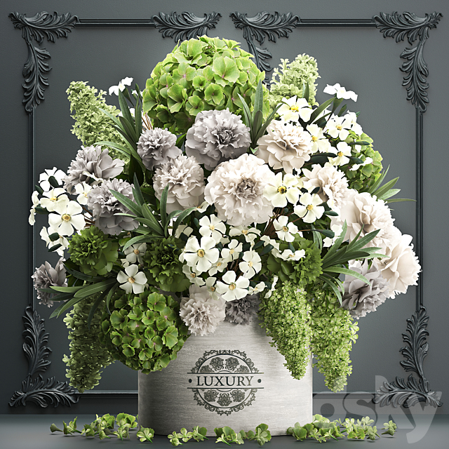 A beautiful lush modern bouquet of white green flowers in a luxury vase with a molded frame hydrangea lilac peonies oleander. Set 90. 3ds Max - thumbnail 1