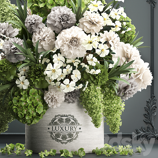 A beautiful lush modern bouquet of white green flowers in a luxury vase with a molded frame hydrangea lilac peonies oleander. Set 90. 3ds Max - thumbnail 2