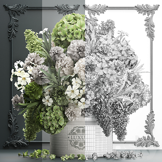 A beautiful lush modern bouquet of white green flowers in a luxury vase with a molded frame hydrangea lilac peonies oleander. Set 90. 3ds Max - thumbnail 3