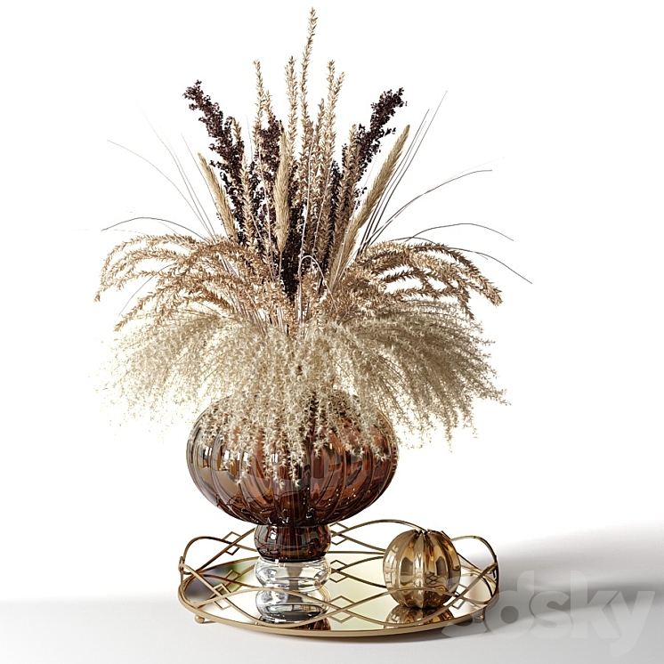 A bouquet of dried flowers in a pot-bellied brown vase on a tray 3DS Max - thumbnail 1