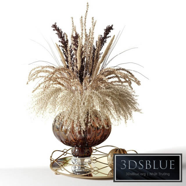 A bouquet of dried flowers in a pot-bellied brown vase on a tray 3DS Max - thumbnail 3