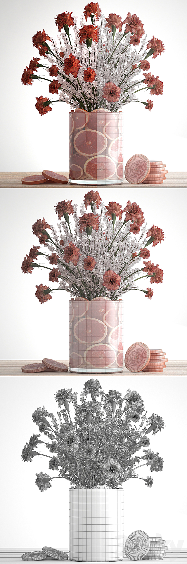 A bouquet of flowers 64. Carnations sakura branches flowers decor from grapefruit slices citrus 3DS Max Model - thumbnail 3