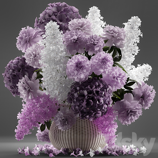 A bouquet of flowers 86. Flowers. white basket. spring flowers. rattan. hydrangea. eco design. nature decor. table decoration 3DSMax File - thumbnail 1