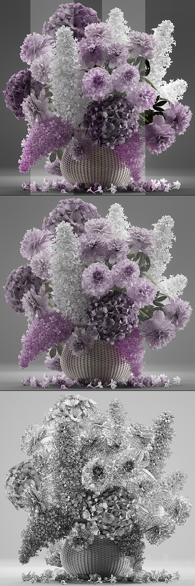 A bouquet of flowers 86. Flowers. white basket. spring flowers. rattan. hydrangea. eco design. nature decor. table decoration 3DSMax File - thumbnail 3