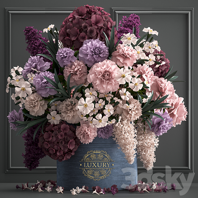 A bouquet of flowers in a gift box 87. Hydrangea. vase. peonies. oleander. decor. luxury. flowers. luxury decor. decoration. stylish. stucco. frame 3DSMax File - thumbnail 1