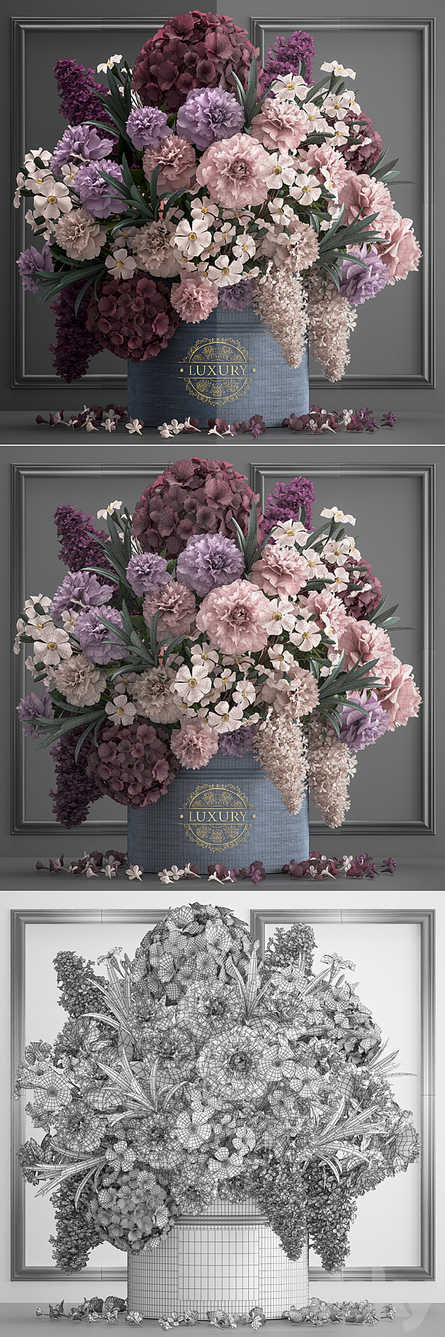 A bouquet of flowers in a gift box 87. Hydrangea. vase. peonies. oleander. decor. luxury. flowers. luxury decor. decoration. stylish. stucco. frame 3DSMax File - thumbnail 3