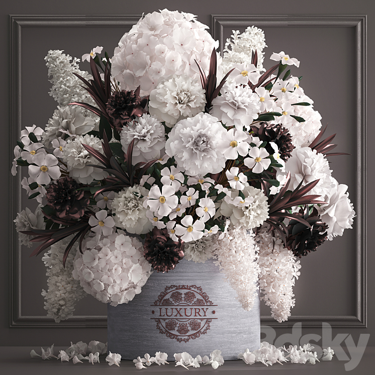 A bouquet of flowers in a gift box 88.luxury bouquet stucco frame Hydrangea lilac peonies oleander vase white bouquet luxury decor eco design table decoration composition 3DS Max - thumbnail 1