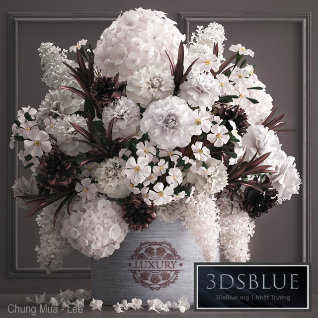 A bouquet of flowers in a gift box 88.luxury bouquet stucco frame Hydrangea lilac peonies oleander vase white bouquet luxury decor eco design table decoration composition 3DS Max - thumbnail 3