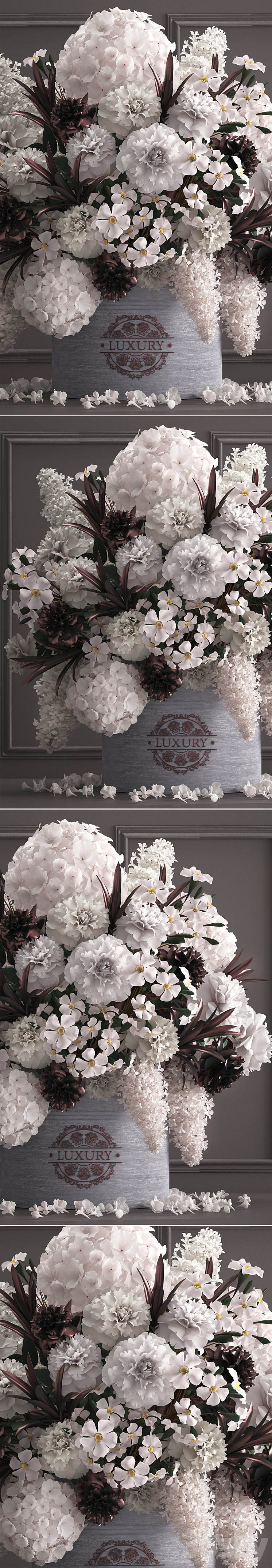 A bouquet of flowers in a gift box 88.luxury bouquet stucco frame Hydrangea lilac peonies oleander vase white bouquet luxury decor eco design table decoration composition 3DS Max - thumbnail 2