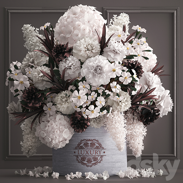 A bouquet of flowers in a gift box 88.luxury bouquet. stucco frame. Hydrangea. lilac. peonies. oleander. vase. white bouquet. luxury decor. eco design. table decoration. composition 3DSMax File - thumbnail 1