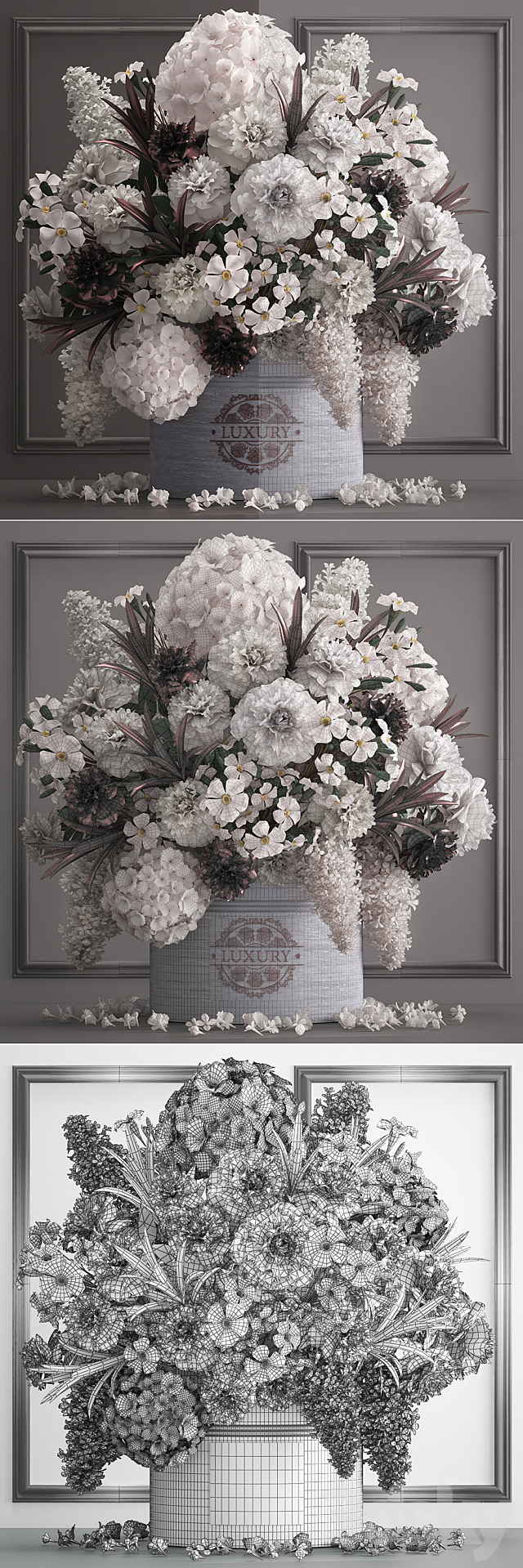 A bouquet of flowers in a gift box 88.luxury bouquet. stucco frame. Hydrangea. lilac. peonies. oleander. vase. white bouquet. luxury decor. eco design. table decoration. composition 3DSMax File - thumbnail 3