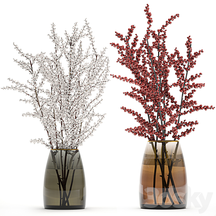 A collection of beautiful bouquets of branches with red and white berries in a vase of Ilex Holly dried flower Snowberry. Set 98. 3DS Max - thumbnail 1