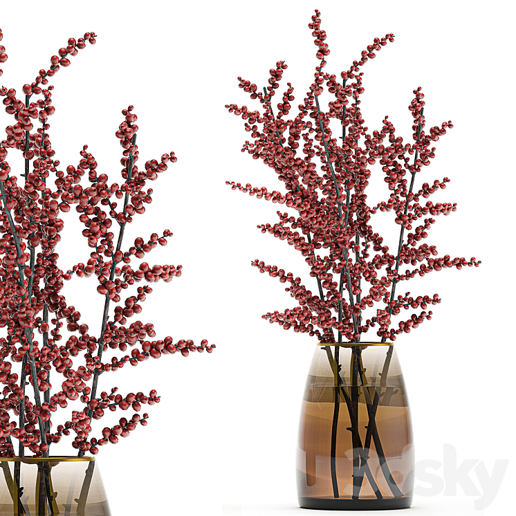 A collection of beautiful bouquets of branches with red and white berries in a vase of Ilex Holly dried flower Snowberry. Set 98. 3DS Max - thumbnail 2