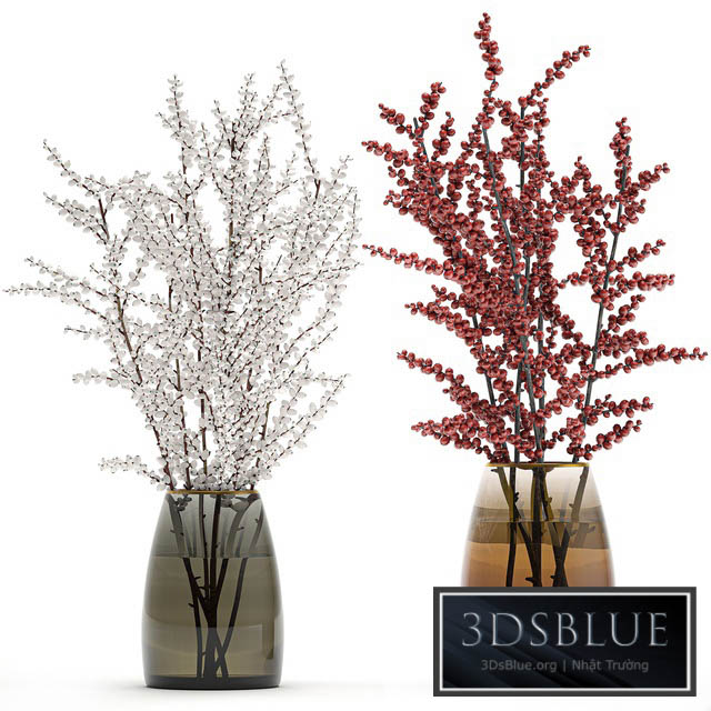 A collection of beautiful bouquets of branches with red and white berries in a vase of Ilex Holly dried flower Snowberry. Set 98. 3DS Max - thumbnail 3