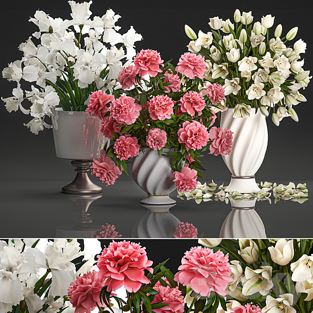 A collection of beautiful decorative bouquets in classic vases with pink peony White tulips Iris. Set 110. 3ds Max - thumbnail 1