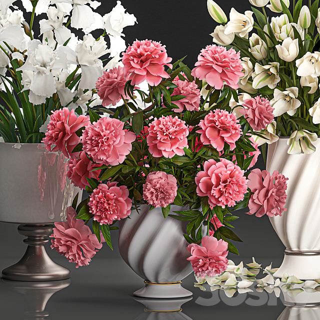 A collection of beautiful decorative bouquets in classic vases with pink peony White tulips Iris. Set 110. 3ds Max - thumbnail 3