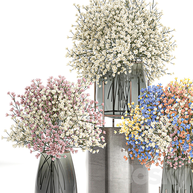 A collection of beautiful lush little white and pink bouquets in glass vases with Gypsophila Gibsolyubka Kachim. Set 107. 3DS Max Model - thumbnail 2