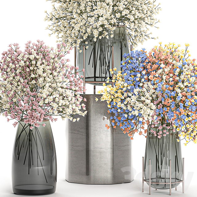 A collection of beautiful lush little white and pink bouquets in glass vases with Gypsophila Gibsolyubka Kachim. Set 107. 3DS Max Model - thumbnail 3