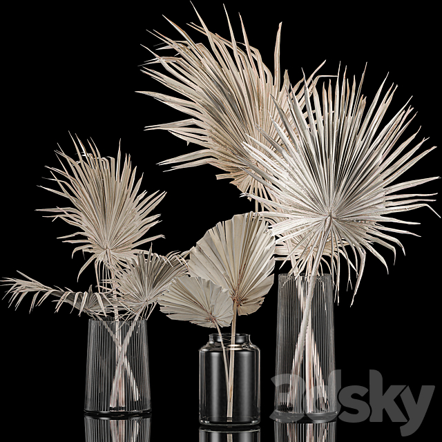 A set of bouquets in glass vases made of dry branches of palm leaves dried flower. 249. 3ds Max - thumbnail 1