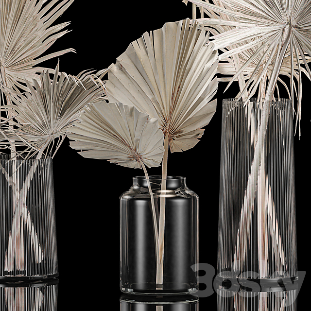 A set of bouquets in glass vases made of dry branches of palm leaves dried flower. 249. 3ds Max - thumbnail 2