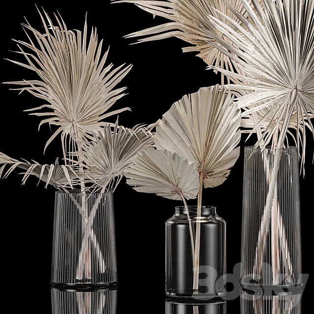 A set of bouquets in glass vases made of dry branches of palm leaves dried flower. 249. 3ds Max - thumbnail 3