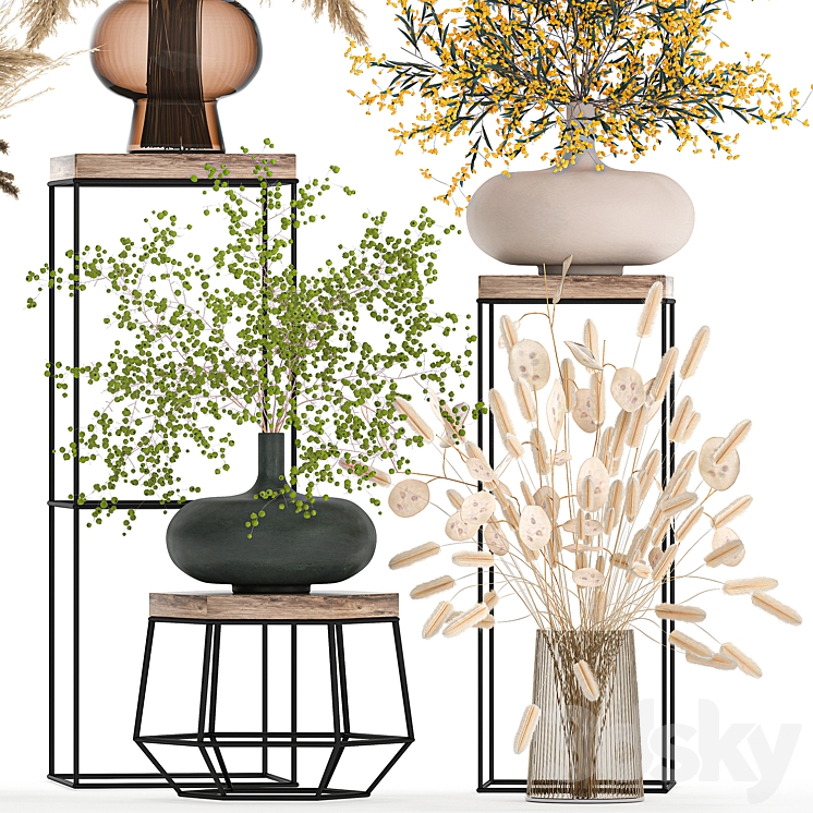 A set of bouquets of dried flowers in vases for decoration on shelves branches pampas grass. 216. 3DS Max - thumbnail 2