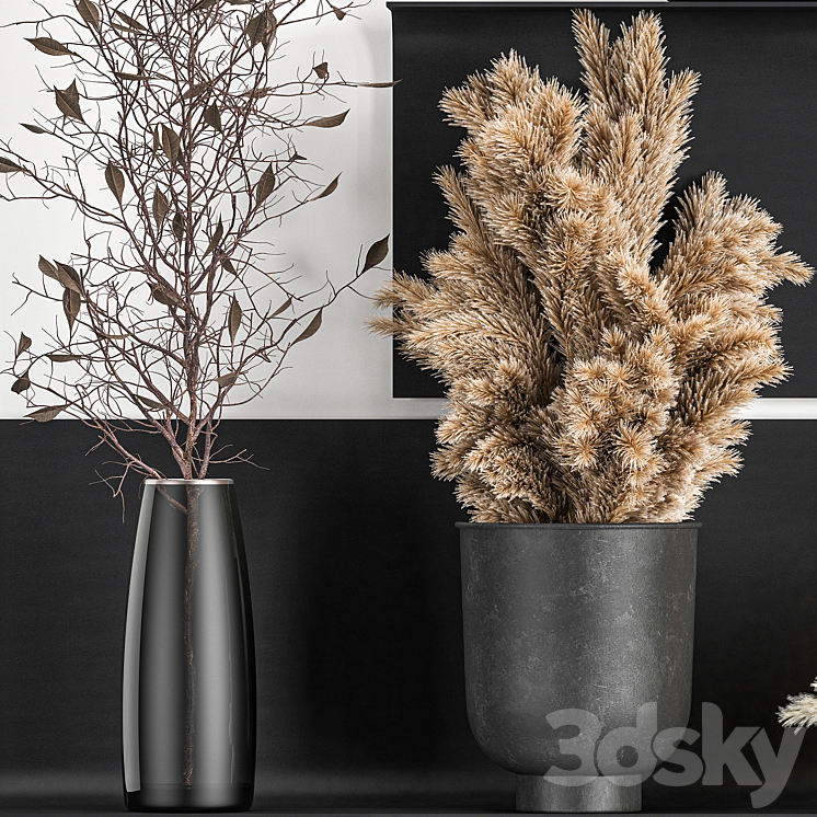 A set of bouquets of dried flowers in vases on a black metal shelf made of Pampas branches reeds. 119 3DS Max - thumbnail 2