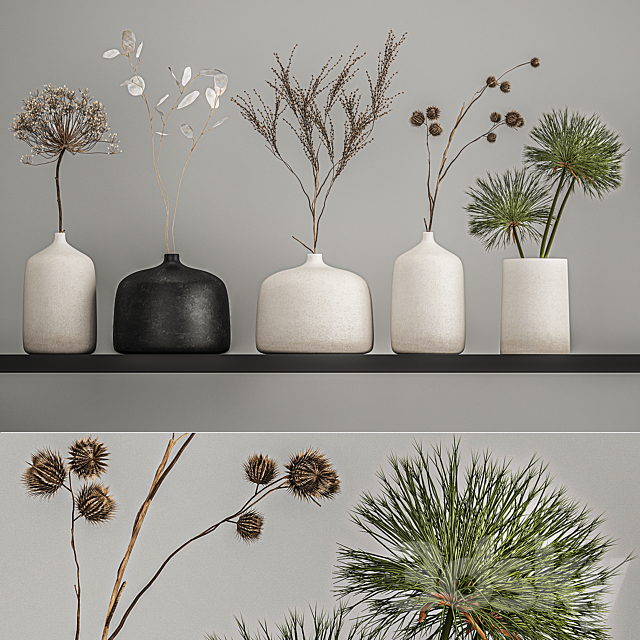 A set of bouquets of dried flowers in vases on the shelf with branches thorns lunnik hogweed. 210 3ds Max - thumbnail 1