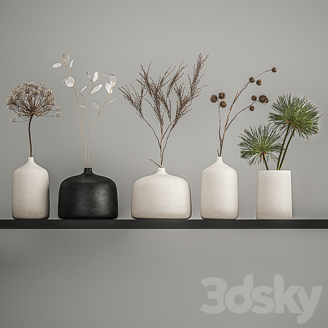 A set of bouquets of dried flowers in vases on the shelf with branches thorns lunnik hogweed. 210 3ds Max - thumbnail 2