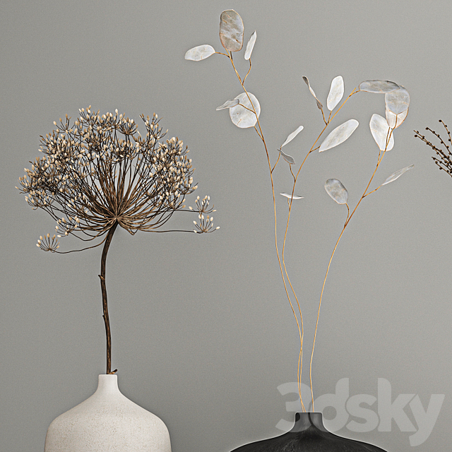 A set of bouquets of dried flowers in vases on the shelf with branches thorns lunnik hogweed. 210 3ds Max - thumbnail 3