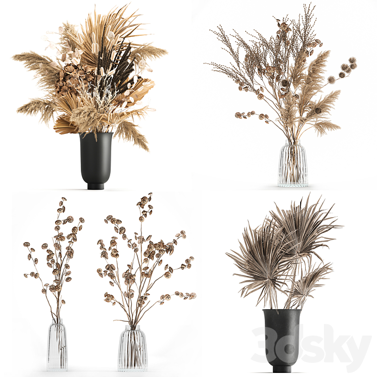 A set of flower bouquets in vases of dried flowers palm branch pampas grass reed grass hydrangea thorns. 283 3DS Max Model - thumbnail 1
