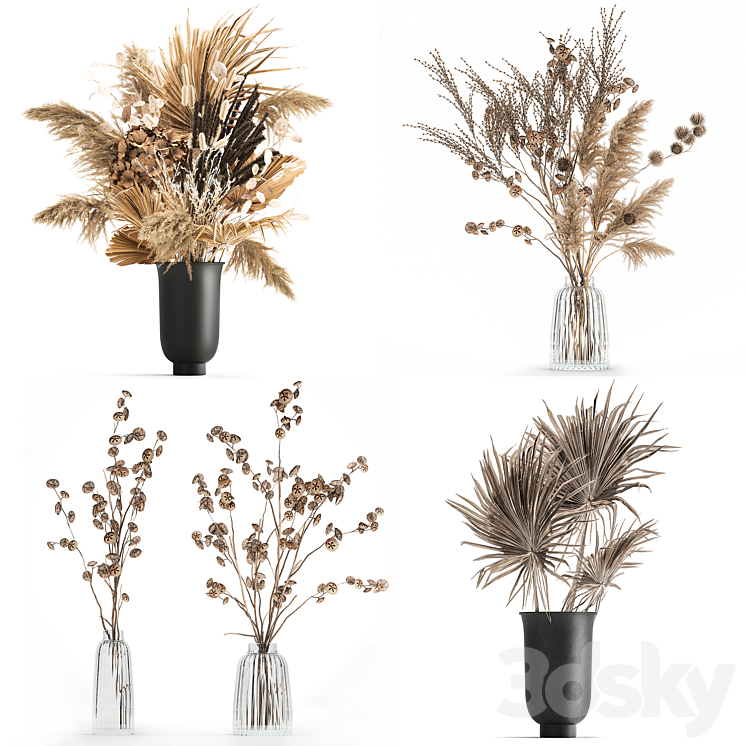 A set of flower bouquets in vases of dried flowers palm branch pampas grass reed grass hydrangea thorns. 283 3DS Max - thumbnail 1