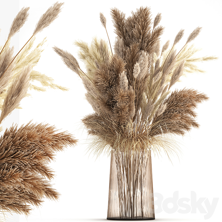 Beautiful lush bouquet of dried flowers in a vase with dry branches of pampas Cortaderia white reeds. 146. 3DS Max Model - thumbnail 1