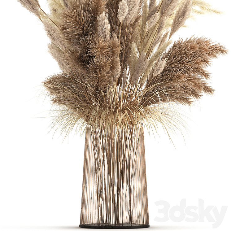 Beautiful lush bouquet of dried flowers in a vase with dry branches of pampas Cortaderia white reeds. 146. 3DS Max Model - thumbnail 2