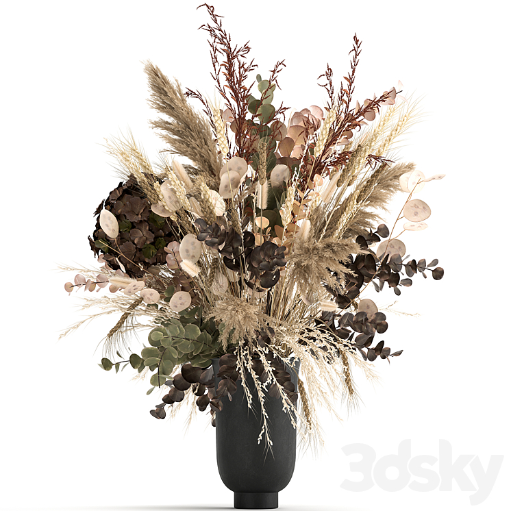 Beautiful lush bouquet of dried flowers in a vase with hydrangea pampas Lunnik spikelet Barberry. 173 3DS Max - thumbnail 1