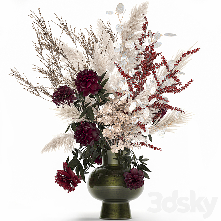 Bouquet 235. Dried flowers pampas grass moonflower branches reeds luxury vase decor white peony Ilex Holly SOLIDAGO 3DS Max Model - thumbnail 1