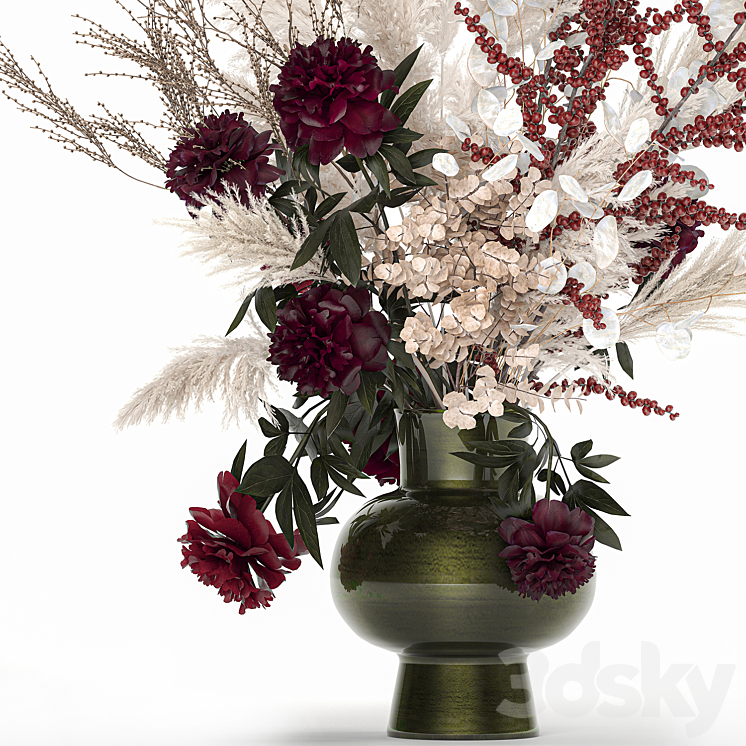 Bouquet 235. Dried flowers pampas grass moonflower branches reeds luxury vase decor white peony Ilex Holly SOLIDAGO 3DS Max Model - thumbnail 2