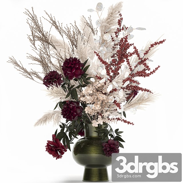 Bouquet 235. dried flowers, pampas grass, moonflower, branches, reeds, luxury vase, decor, white, peony, ilex, holly, solidago - thumbnail 1